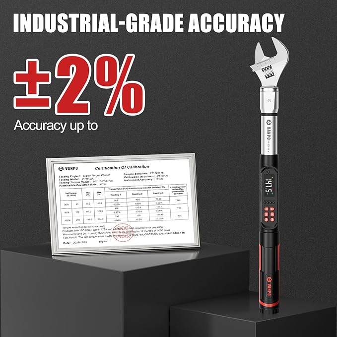 VANPO Adjustable Digital Torque Wrench, 7.4-147.5Ft.lb/10-200Nm, ±2% Accuracy, HVAC Torque Wrench Interchangeable 38mm Jaw & 1/2" Ratchet, Buzzer, Vibration and LED Alert for Split AC, Car