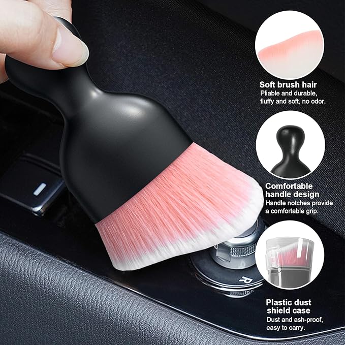 Ziciner Car Detailing Brush, Curved Soft Bristles Auto Removal Dust Collectors, Universal Vehicle Dashboard, Air Conditioner Vents etc Interior Cleaning Tool Accessory (Pink/White)
