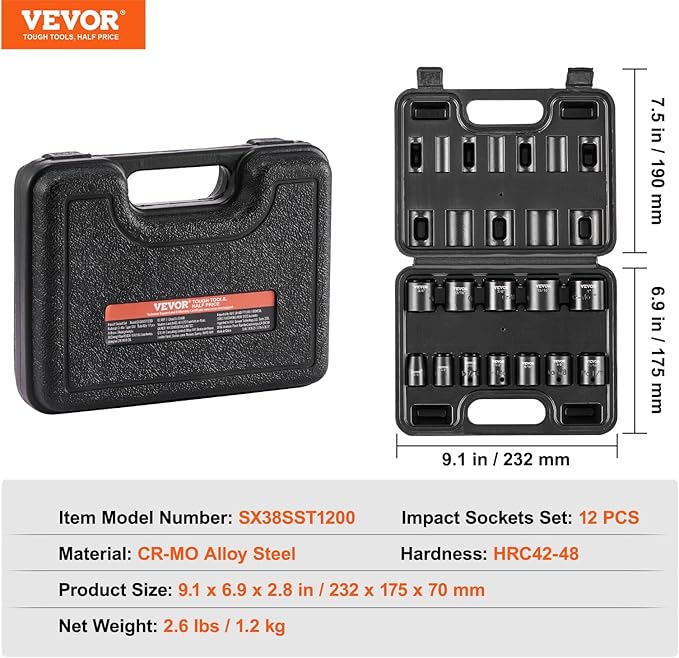 VEVOR 3/8" Drive Impact Socket Set, 12 Piece Shallow Socket Set SAE 5/16"-1", 6 Point Cr-Mo Alloy Steel for Auto Repair, Easy-to-Read Size Markings, Rugged Construction, Includes Storage Case