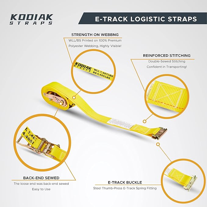 6 Pack E-Track Ratchet Straps 2" x 16' x 4,400 lbs Strength for Cargo Tie Down in Enclosed Trailer & Van by KODIAK STRAPS