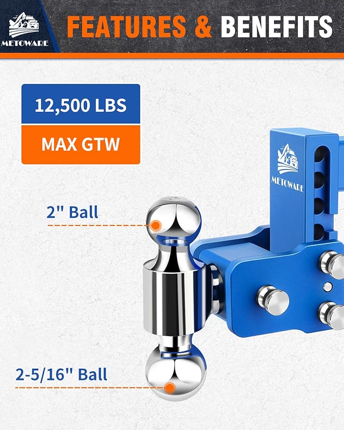 METOWARE Adjustable Trailer Hitches Fits 2 Inch Receiver, Adjustable Ball Mount with 4-Inch Drop/Rise (12,500 LBS GTW), Dual Ball (2" x 2-5/16") and Anti-Theft Stainless Steel Trailer Lock (Blue)