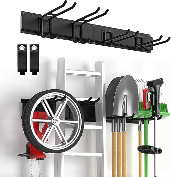 Garage Tool Organizer Wall Mount, Yard Garden Tool Organizer, Adjustable Tool Storage Rack with 4 Heavy Duty Steel Hooks, Max Load 200lbs Garage Organization, Black
