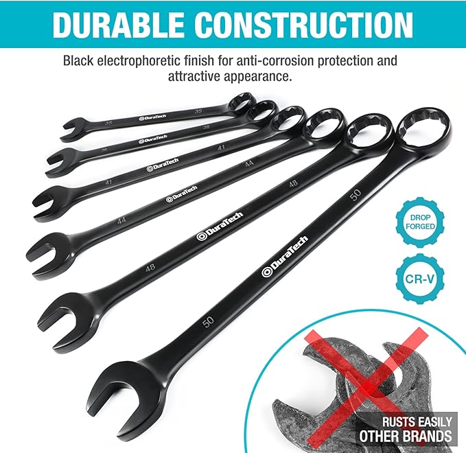 DURATECH Jumbo Combination Wrench Set, Metric, 6-piece, 35-50 mm, CR-V Steel, black electrophoretic coating, with Pouch