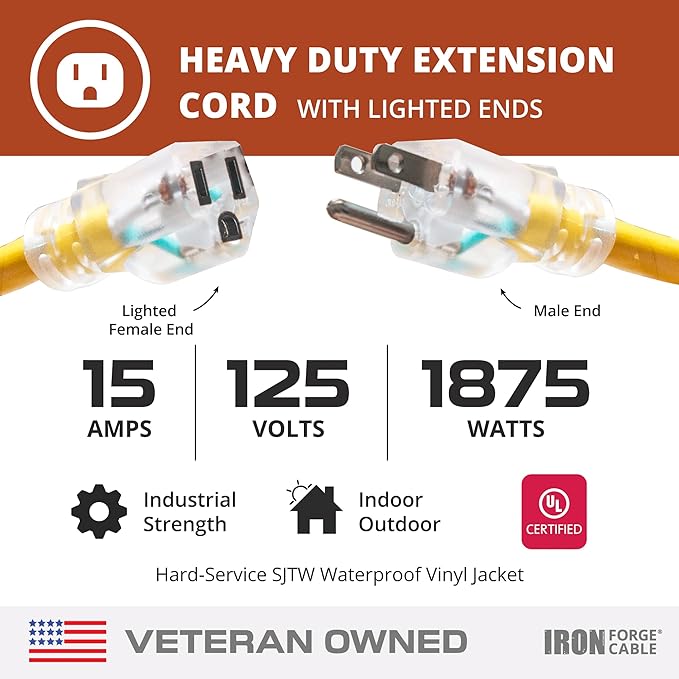 Iron Forge Cable Outdoor Extension Cord 10 Ft - 10 Gauge Outdoor Heavy Duty Extension Cord, 15 AMP, 10/3 Yellow Power Cable SJTW Weatherproof with 3 Prong