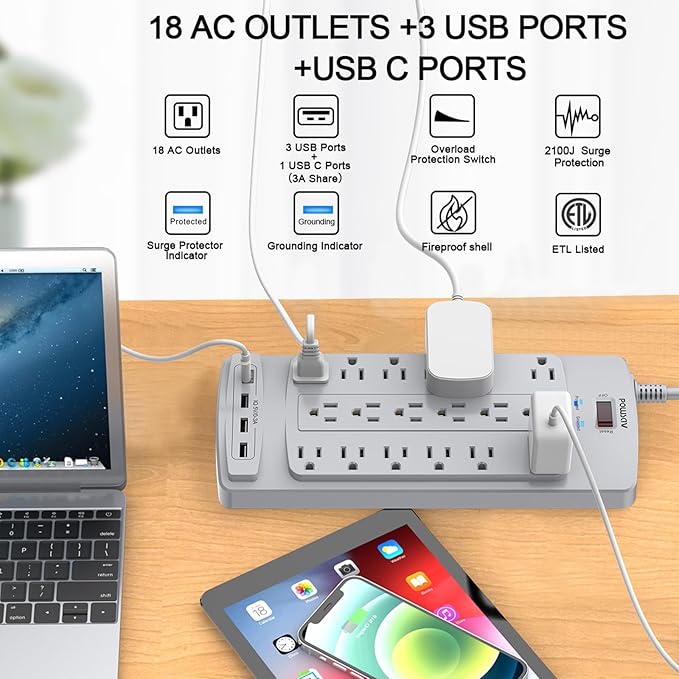 18 Outlets Surge Protector Power Strip - 6 Feet Flat Plug Heavy Duty Extension Cord with 18 Widely Outlets and 4 USB Ports, 2100 Joules, Grey, ETL Listed