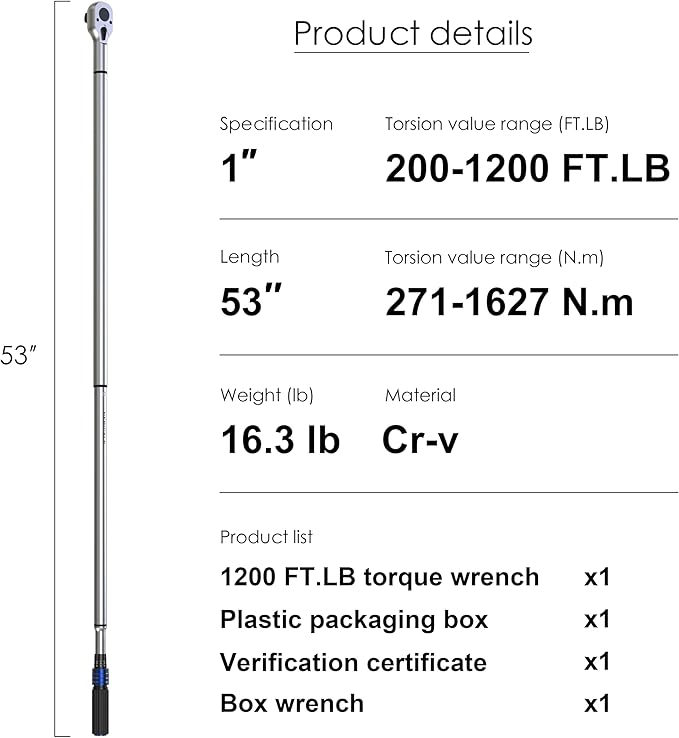 1 Inch Drive Torque Wrench with 200-1200 Ft Lb / 271-1627 Nm/Heavy Duty/Dual Direction/High hardness/Long lifetime/Stored In a Solid Case