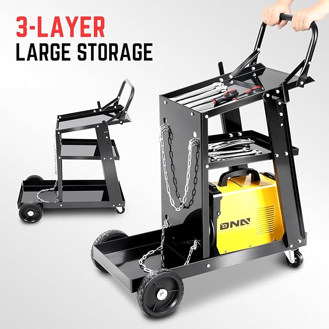 DNA Motoring Welding Cart for TIG MIG Welder and Plasma Cutter, Heavy Duty 3 Tiers Rolling Welding Cart, Rolling Welding Trolley w/360° Swivel Wheels, Tank Storage Safety Chains, Handle, TOOLS-00465