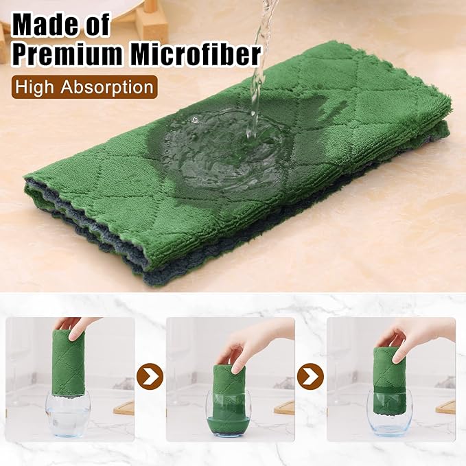 Mordimy 12 Pack Kitchen Towels (20" x 10", Dark Grey & Grass Green), Super Soft and Absorbent Dish Towels, Coral Velvet Microfiber Cleaning Cloth, Nonstick Oil Fast Dry Dish Cloths