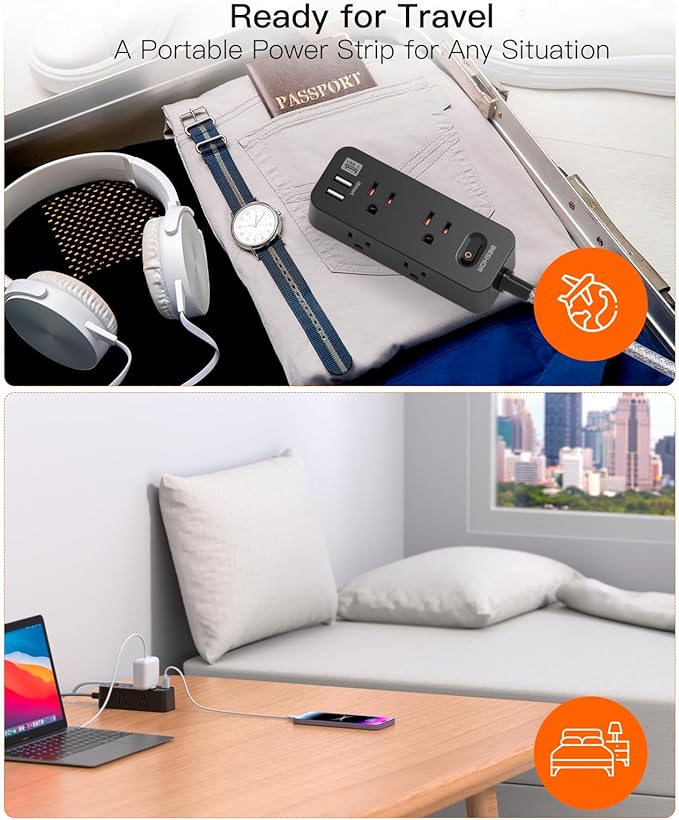 10 FT Black Extension Cord, BESHON Surge Protector Power Strip with 6 Outlets 3 USB Ports(1 USB C), 3-Side Outlet Extender, Flat Plug, Wall Mount for Home, Office, Travel, and Dorm Essential