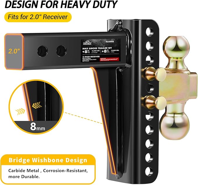 Adjustable Trailer Hitch, Fits 2.0-Inch Receiver, 8-Inch Drop/Rise,2" & 2-5/16" Ball Hitches for Trucks, 18,000 LBS GTW - Receiver Hitch with Anti-Theft Pin, Solid Ball Mount, BLK,X-452008