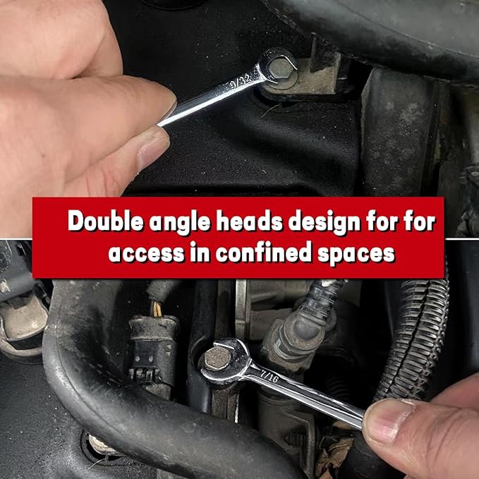 Mini Double Open End Wrench Set SAE 10 Pcs 5/32" to 7/16" with Portable Storage Pouches Mirror Chrome Finish Super Thin Open Ended Spanner Double Angle Head for Small Fasteners