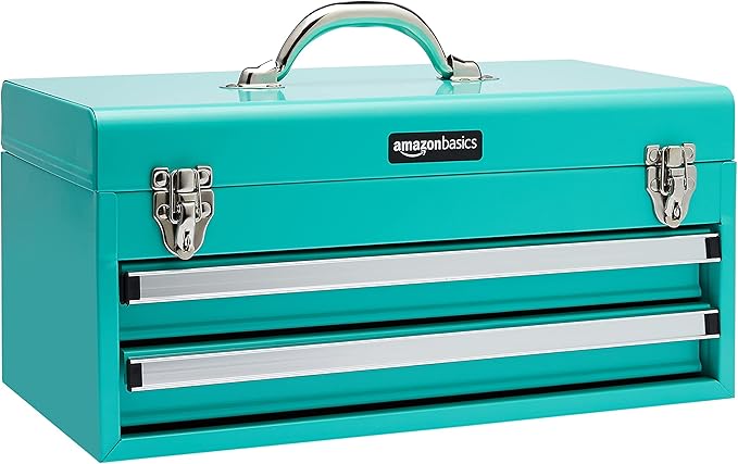 Amazon Basics Steel Tool Box Storage and Organization Drawers, Tool Storage with Powder Coat Finish, 18.11 x 8.66 x 9.45 in, Turquoise