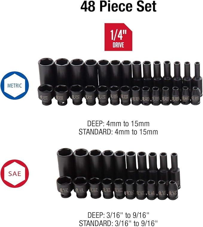 SUNEX TOOLS 1848, 1/4 Inch Drive Master Impact Socket Set, 48-Piece, SAE/Metric, 3/16 Inch - 9/16 Inch, 4mm - 15mm, Standard/Deep, Cr-Mo Alloy Steel, Radius Corner Design, Heavy Duty Storage Case