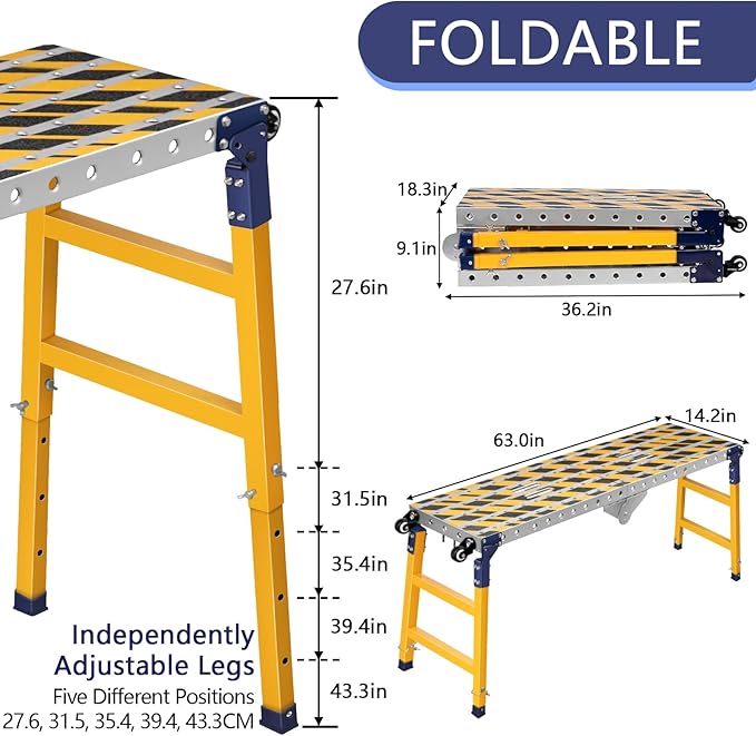 Versatile Portable Steel Work Bench with 4 Wheels, 63'' × 14.2'' Foldable Welding Table with Height Adjustment, Heavy Duty Steel Construction Galvanized Tabletop Workbench with 1102 LBS