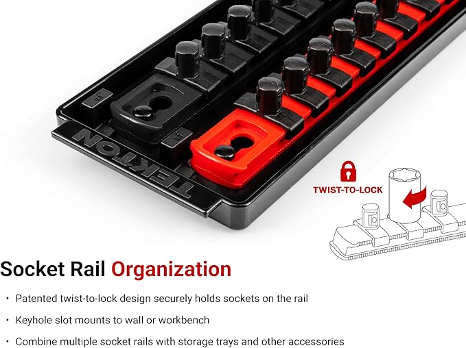 TEKTON 3/8 Inch Drive Shallow and Deep 6-Point Socket Set with Rails and Trays, 42-Piece (5/16-3/4 in., 8-19 mm) | SHD91218