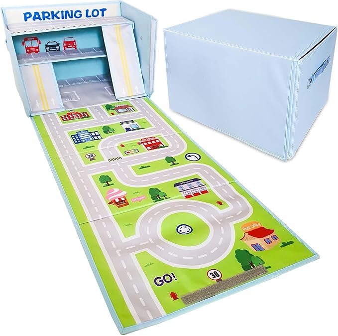 SAM AND MABEL Toy Car Garage Box with Play Mat – Kids' Racecar Storage Basket, Stackable and Collapsible Organizer Bin (Cars Not Included)