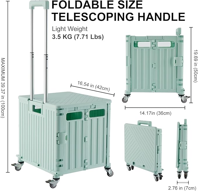 MACOPRO Folding Utility Cart Portable Rolling Crate Handcart Shopping Trolley Collapsible Tool Box, with Lid, Basket on 4 Rotate Wheels, for Grocery, Office, Teacher, Travel Shop Move Luggage (Green)