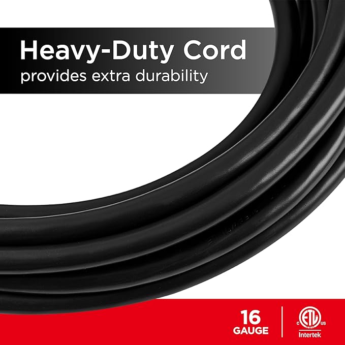 UltraPro Outdoor Extension Cord, 25 Ft, Heavy Duty, UL Certified 3 Prong, 16 AWG 3-Wire, Multipurpose Long, 1 Pack, Black, 69275