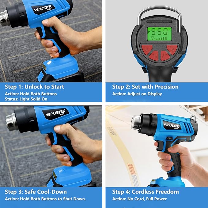 20V Cordless Heat Gun with 2 x 4.0Ah Batteries (122℉–1022℉) Fast-Heating Hot Air Gun Kit with Screen Display Variable Temperature Wind Speed, Portable Heat Gun for Shrink Tubing Vinyl Wrap