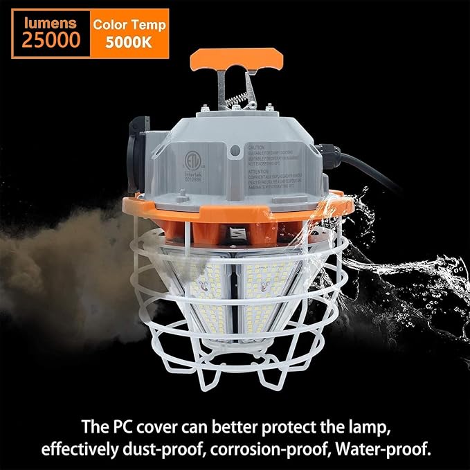NS 150 Watts LED Temporary Work Light Fixture Daylight White 5000K 25000lm Portable Hanging Lamp Waterproof Jobsite Lighting Stainless Steel Protective Cover for Outdoor Construction High Bay Lights