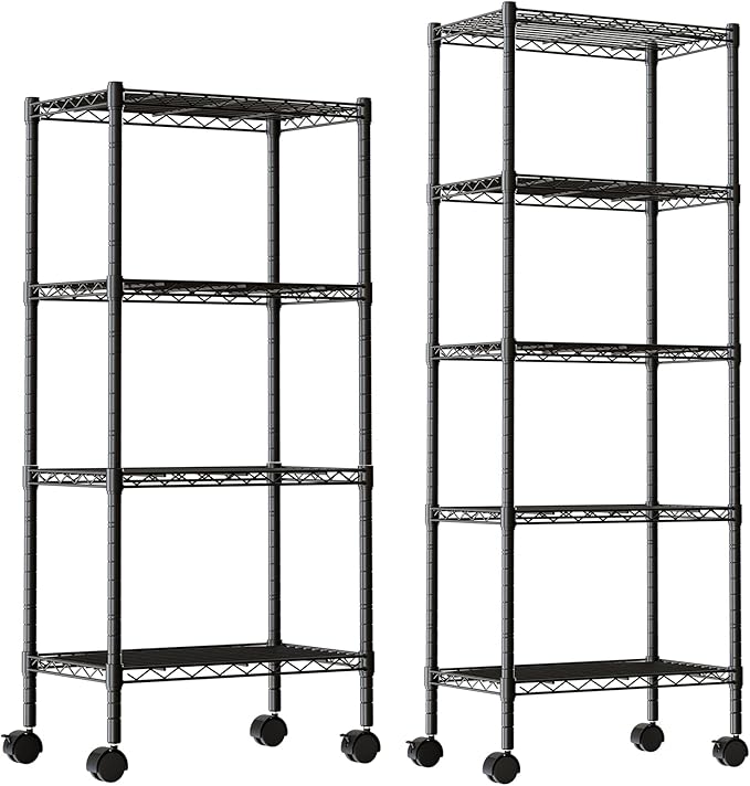 DUMOS 2 Pack 4Tier 5Tier Metal Shelving, Heavy Duty Shelves Wire Shelving Unit with Removable Wheel Casters, Shelves Organizer for Bathroom Garage Living Room Kitchen Pantry Laundry