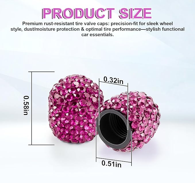 JUSTTOP 4 Pack Handmade Crystal Rhinestone Tire Valve Stem Caps, Universal for Cars, Trucks and Motorcycles - Violet Red