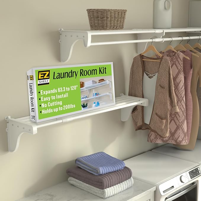 EZ Shelf Expandable Laundry Room Shelves Over Washer and Dryer - 2 Shelves (Expands 63.3 to 120") - 1 With Hanging Rod - White - Laundry Room Organization