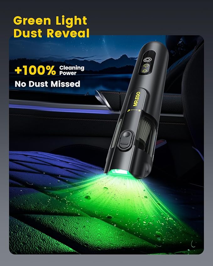 Mr.ego Handheld Car Vacuum Portable Cordless, 4-in-1 Mini Vacuum with 18500Pa Strong Suction, Desk Vacuum Cleaner and Air Duster with Green LED Light for Small Jobs, Car, Home, Keyboards (Black)