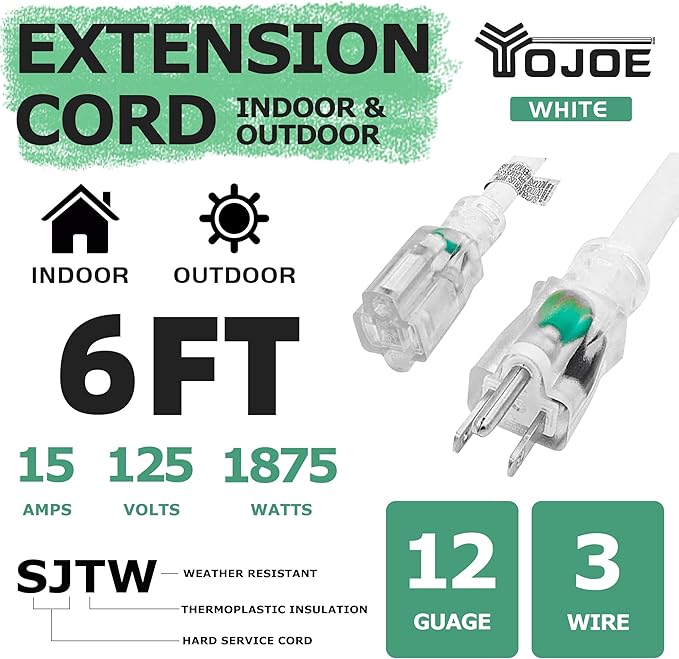 YOJOE Indoor Outdoor Extension Cord with Lighted End, 3 Prong 15A Weatherproof Power Cord, 12 Gauge Heavy Duty 6 ft White Extension Cord for Garage, Garden and Home, 12/3 SJTW UL Listed