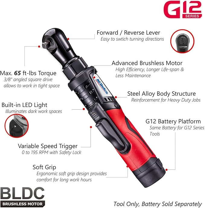 ACDelco ARW12103-K1 G12 Series 12V Cordless Li-ion 3/8” Brushless Ratchet Wrench & Impact Wrench Combo Tool