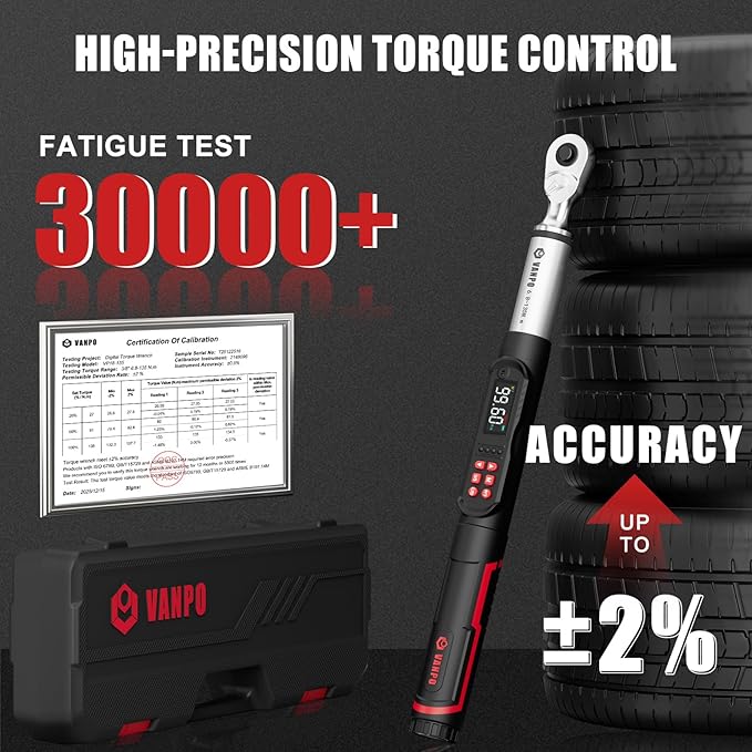 VANPO 3/8-Inch Digital Torque Wrench,5-99.6 Ft-Lb/6.8-135 Nm, ±2% Accuracy, Electronic Torque Wrench with LCD Display, Audible & Vibration Alert, Easy Battery Access,for Car & Motorcycle Maintenance