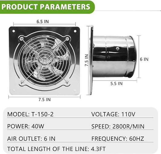 6 Inch Exhaust Fan with Speed Controller,235CFM Kitchen Exhaust Fan with Damper, 110V 40W Wall Ventilation Fan, Stainless Steel Extractor Fan for Window, Basement, Bathroom(6-inch Silver)