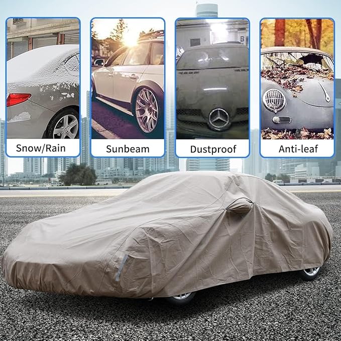 Tecoom Car Cover Waterproof All Weather, Non-Woven Breathable Outdoor Full Covers for Automobiles with Zipper Pockets Sun Uv Wind Hail Protection Universal Fit Mercedes Chevrolet, 183-192 Inch