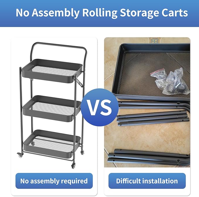 JAQ No Assembly Foldable Rolling Cart, 3 Tier Black Metal Folding Utility Cart with Handle, Heavy Duty Mobile Storage Organizer on Wheels for Office, Garage, Tools & Kitchen (Black)