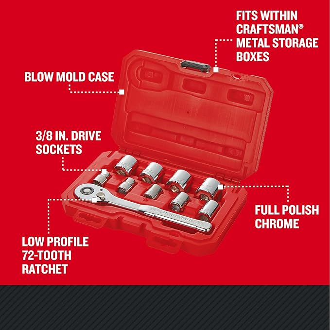CRAFTSMAN 10 Pc Mechanics Tool Set with 72-tooth Low Profile Ratchet, SAE, 3/8 Inch Drive (CMMT34563)