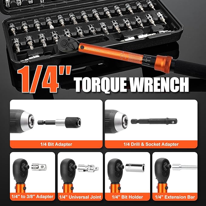 50PCS Inch Pound Torque Wrench Set, 1/4" Drive Bike Torque Wrench, 10-230 in.lb (1.1-26.0 nm), 72-Tooth Dual Direction Click Torque Wrench with Bit Sockets, for Bicycle, MTB, E-Bike Maintenance