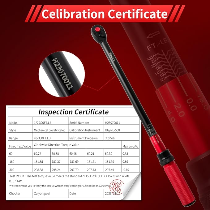 1/2-Inch Drive Click Torque Wrench, Dual-direction 40-300ft.lb/33.9-406.8Nm, 72-tooth Torque Wrench with Dual Range Scales, ±3% High Precision