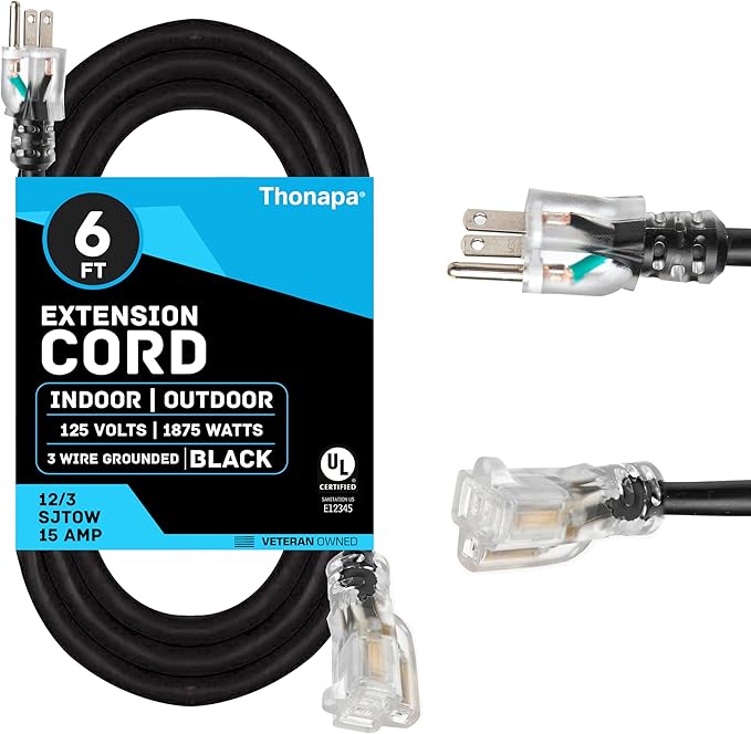 Thonapa 6 Foot Outdoor Extension Cord - 12/3 Heavy Duty Black Extension Cable with 3 Prong Grounded Plug for Safety - Great for Garden, Tools and Major Appliances