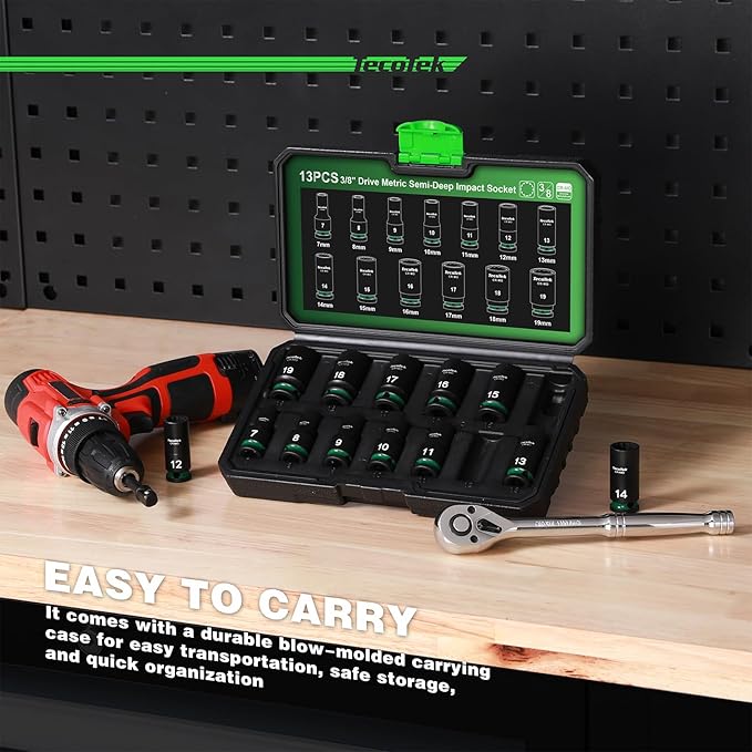 3/8-Inch Drive 12-Point Metric Semi-Deep Impact Socket Set, Mid-Length Socket Set, 7mm to 19mm, CR-MO, Stamped and Ink Filled Size Marking, 13-Piece