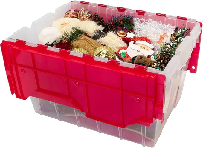 Akro-Mils KeepBox 12 Gallon Storage Container, Nesting and Stackable Plastic Storage Box with Lid Attached, Clear Tote for Garages, Closets, and Moving, 21-1/2" x 15" x 12-1/2", Clear/Red, 6-Pack