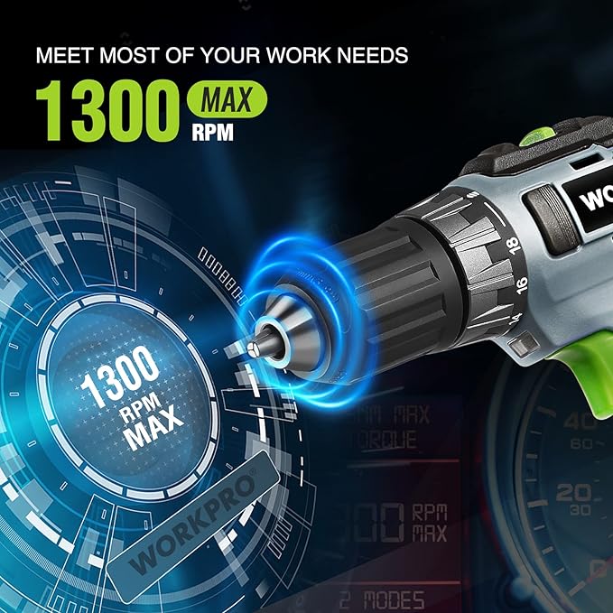 WORKPRO 20V Cordless Drill Driver Kit, 3/8'' Keyless Chuck, 2.0 Ah Li-ion Battery, 1 Hour Fast Charger and 11-inch Green Storage Bag Included