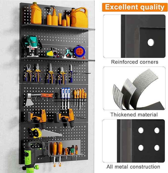 4 Pack Metal Pegboard Panels 24" x 12" Black Heavy Duty Steel Pegboard Wall Organizer, Garage Utility Tools Pegboard Storage System for Workbench, Shop, Shed Modular Peg Board Organizer Board Kit