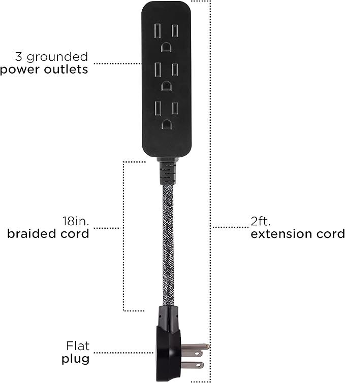 Cordinate Designer Mini 3-Outlet Power Strip, 18 in Braided Extension Cord, Grounded Adapter, Low-Profile Flat Plug, ETL Listed, Black/Dark Heather, 47298