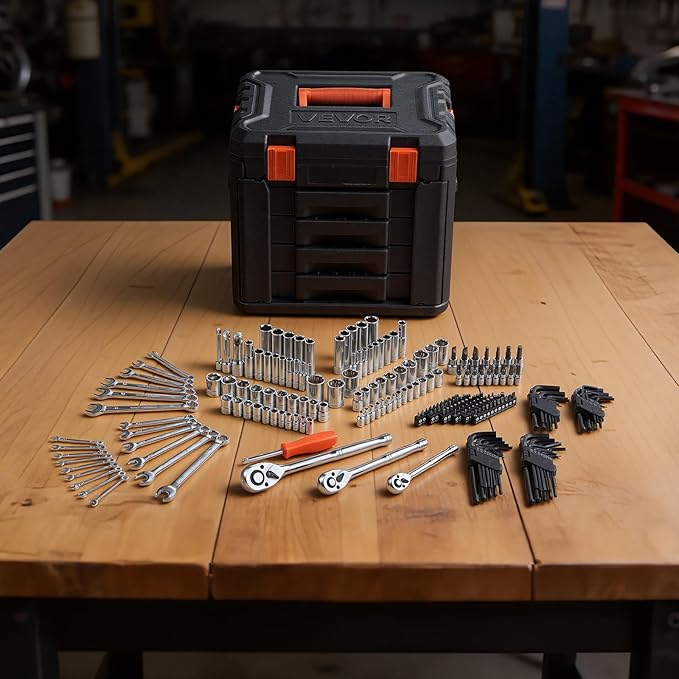 VEVOR Mechanics Tool Set, 230-Piece Mechanic Tool Kit, 1/4 in, 3/8 in, and 1/2 in Drive, SAE and Metric Socket Set, Wrenches, Screwdriver Bits, Accessories, and Storage Case, for Automotive Repair