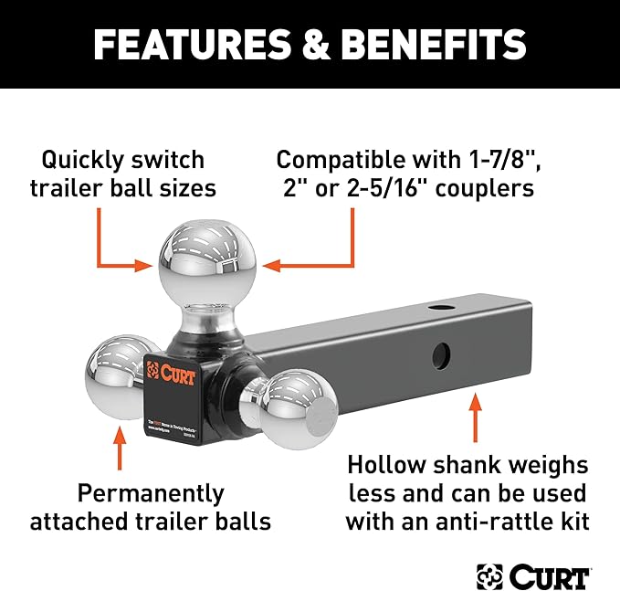 CURT 45001 Multi-Ball Trailer Hitch Ball Mount, 1-7/8, 2, 2-5/16-Inch Balls, Fits 2-Inch Receiver, 10,000 lbs