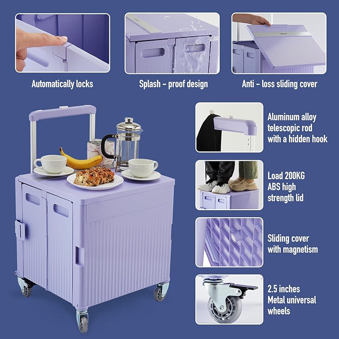 Folding Utility Cart Portable Rolling Crate Handcart Shopping Trolley Collapsible Tool Box, with Lid, on Rotate Wheels, for Grocery, Shopping, Office, Teacher, Camp,File (Purple)