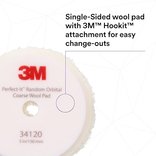 3M Perfect-It Random Orbital Coarse Wool Compounding Pad, 5"/130 mm, White, 34120, Orbital Pads for Automotive Compounding and Polishing
