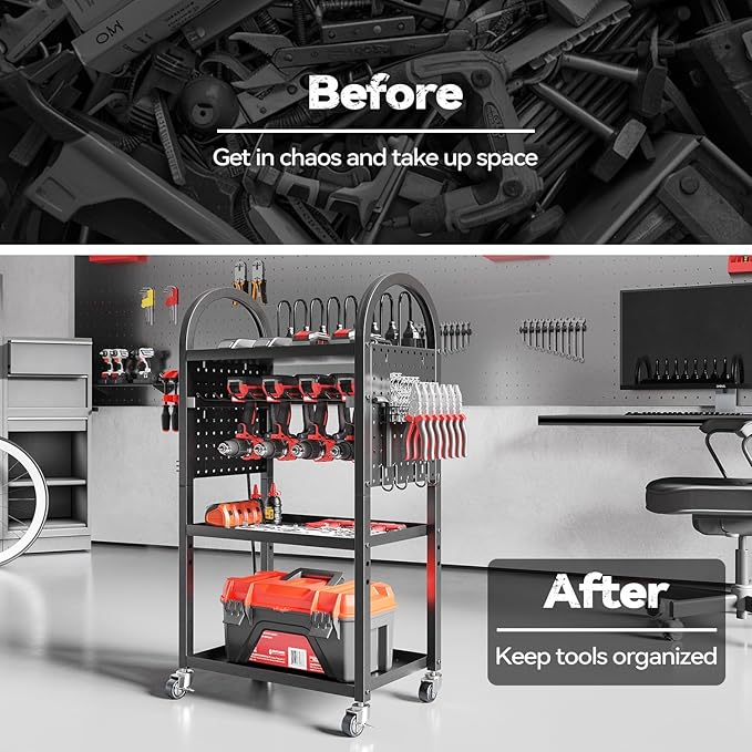 SOYEEZE Storage Cart on Wheels with 8 Outlet Power Strip, Rolling Utility Cart for Garage Organization, Power Tool Organizer with Charging Station, Tool Organizer Cart for Electric Drill/Toolbox