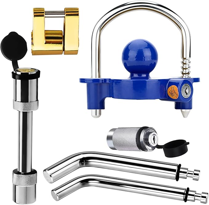 Funmit Trailer Hitch Lock Set with 2 Keys, Including Blue Universal Trailer Lock, 2 Bent Trailer Hitch Locks (1/2"Dia and 5/8"Dia) , 1 Trailer Hitch Lock (5/8"Dia), Gold Coupler Pin Lock - Only 2 keys