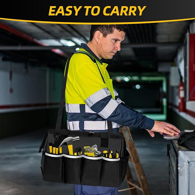 NECKORY Tool Bag, Portable Tool Box Organizer Adjustable Shoulder Strap, Carry Tool Tote Heavy Duty Tool Storage Bag With Wide Mouth,Tool Bags for Men Mechanic EngineerGift - M, Black